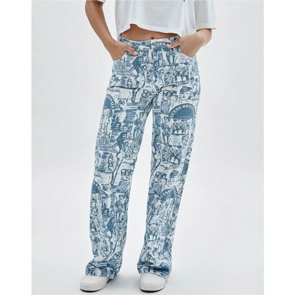 GUESS Originals Vintage Graphic Print Baggy Wide-Leg Jeans in Blue/White Size 25 - Picture 1 of 11